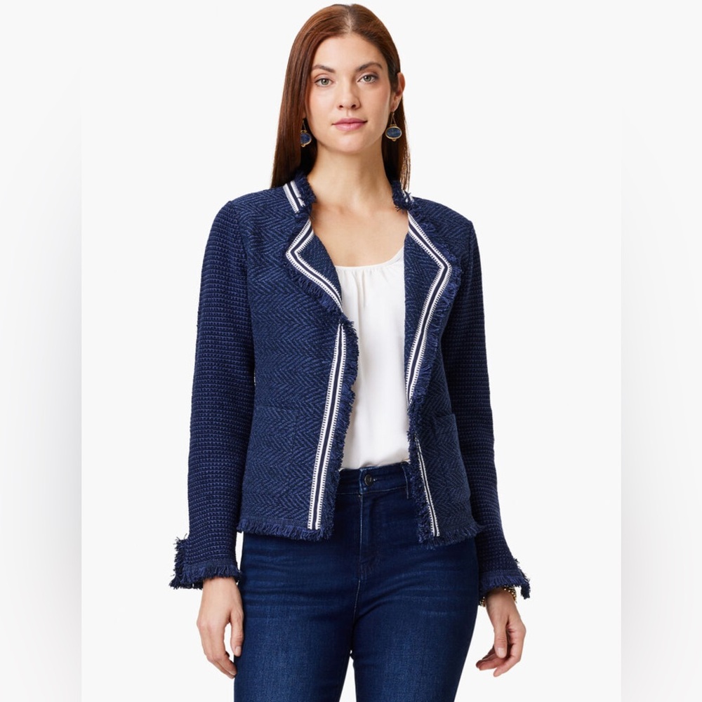 NIC+ZOE navy and white ribbon trimmed jacket